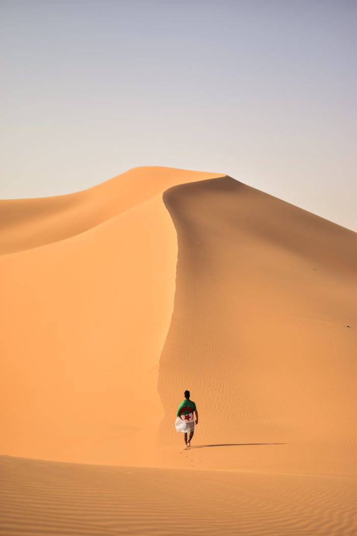 who-we-are A lone traveler walking over the vast, golden sand dunes of the Sahara Desert in Algeria.