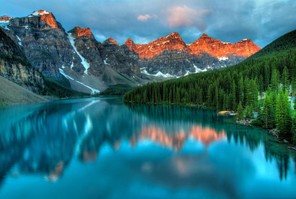 pexels photo 417074 417074 Capture the serene beauty of Moraine Lake with sunrise reflections in Banff National Park.